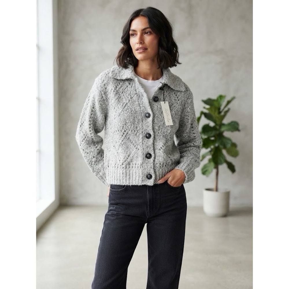 Mustard & Seed Women's Gray Textured Polo Collar Button Wool Cardigan NWT SIZE M